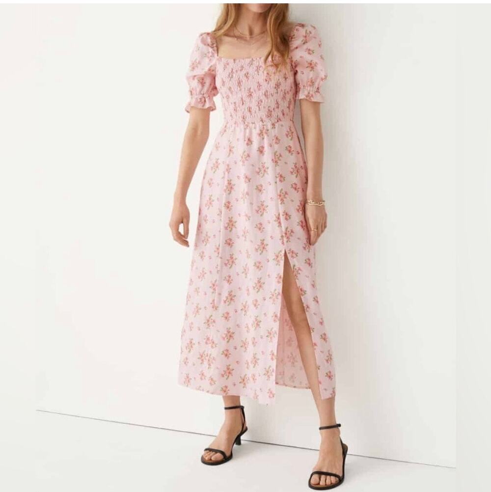 & Other Stories Pink Floral 100% Linen Puff Sleeve Midi Dress US 2